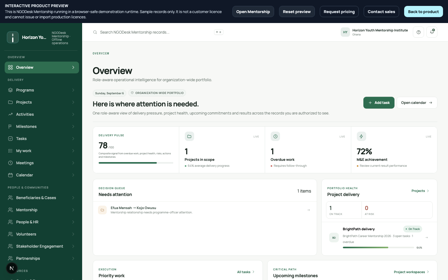NGODesk Mentorship overview with Horizon Youth Mentorship Institute records